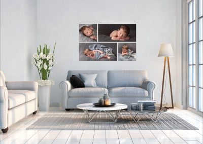 Northampton newborn photography artwork on the wall above a grey sofa