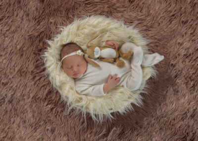 newborn baby in bowl with jelly cat toy